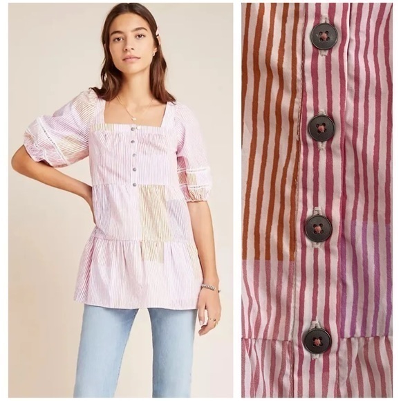Anthropologie Tops - Anthropologie Maeve White Pink Orange Stripe Gable Tiered Tunic Top Small